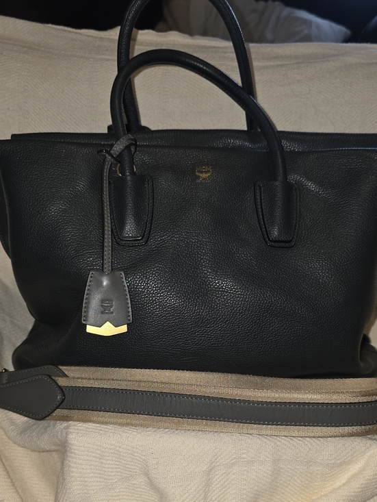 MCM Handbags - MCM Black Pebbled Leather Tote with Gold Accent